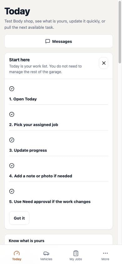 Altera Garage OS mechanic mobile workspace with a simple getting started workflow