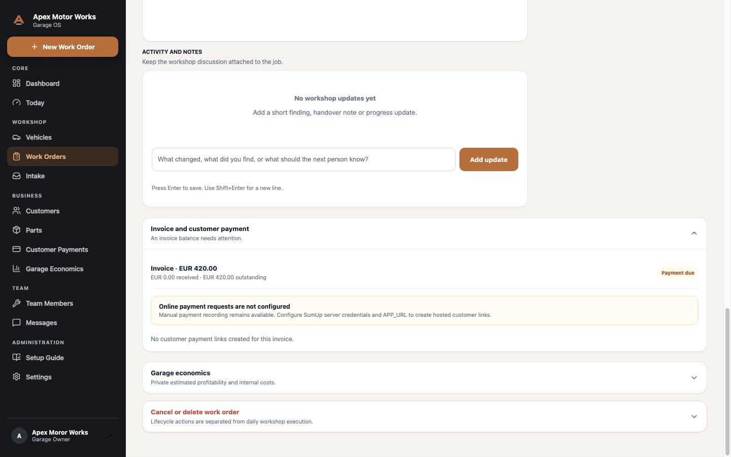 Garage OS work order showing workshop notes, invoice status and garage economics